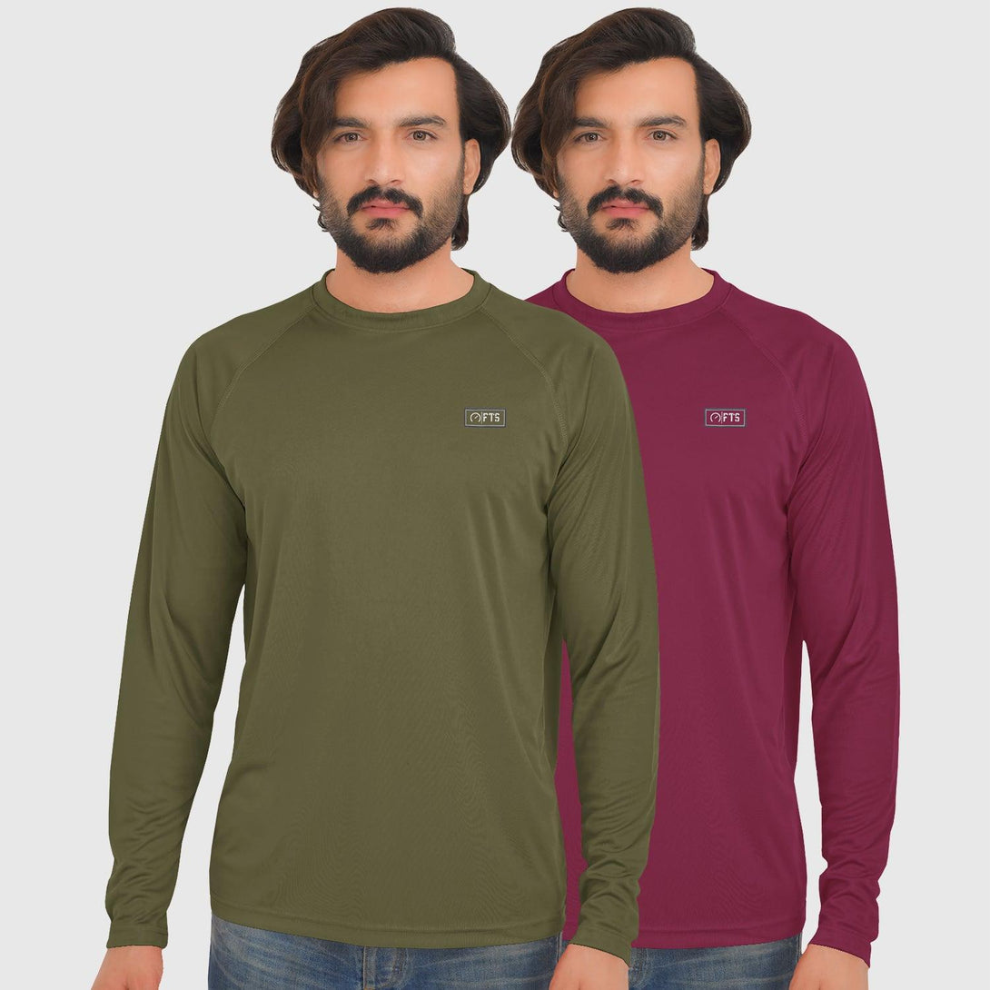 Polyester Full sleeve T-Shirts | ARMY GREEN & MAROON - Pack of 2 - FTS