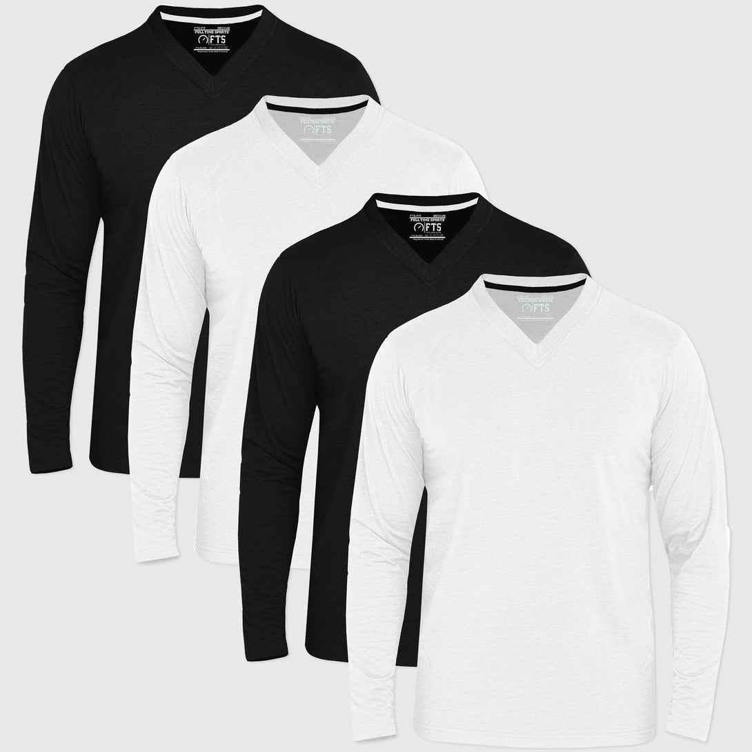 V-Neck Long Sleeve T-Shirts | BLACK - WHITE - Pack of 4 - FTS