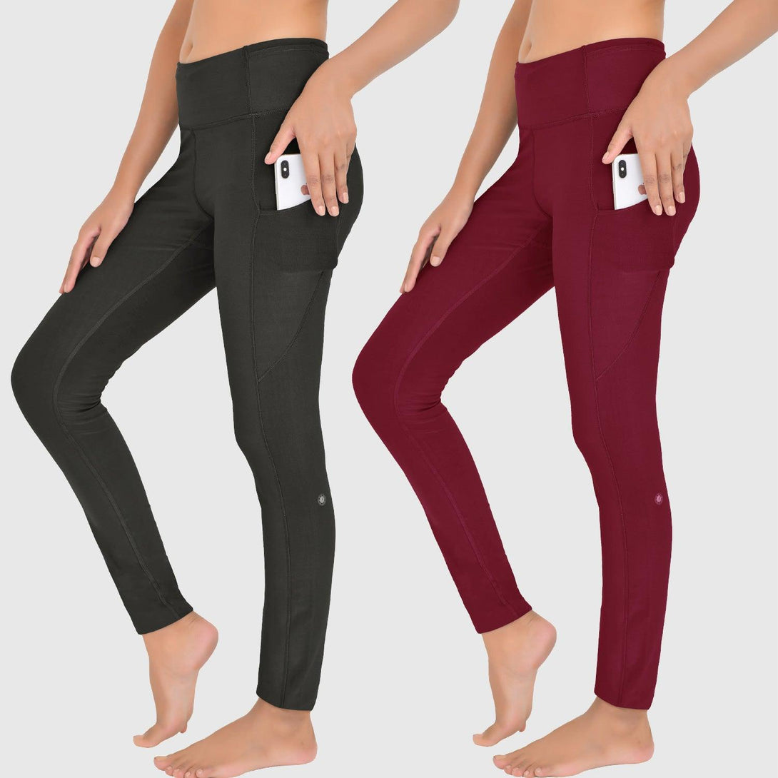 High Waisted Leggings | BLACK - CHERRY PURPLE - Pack of 2 - FTS