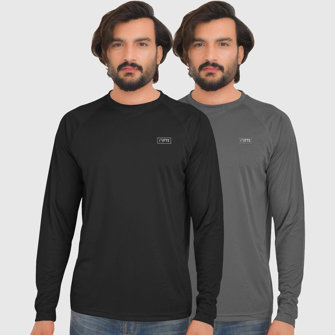 Polyester Full sleeve T-Shirts | BLACK - DARK GREY - Pack of 2 - FTS