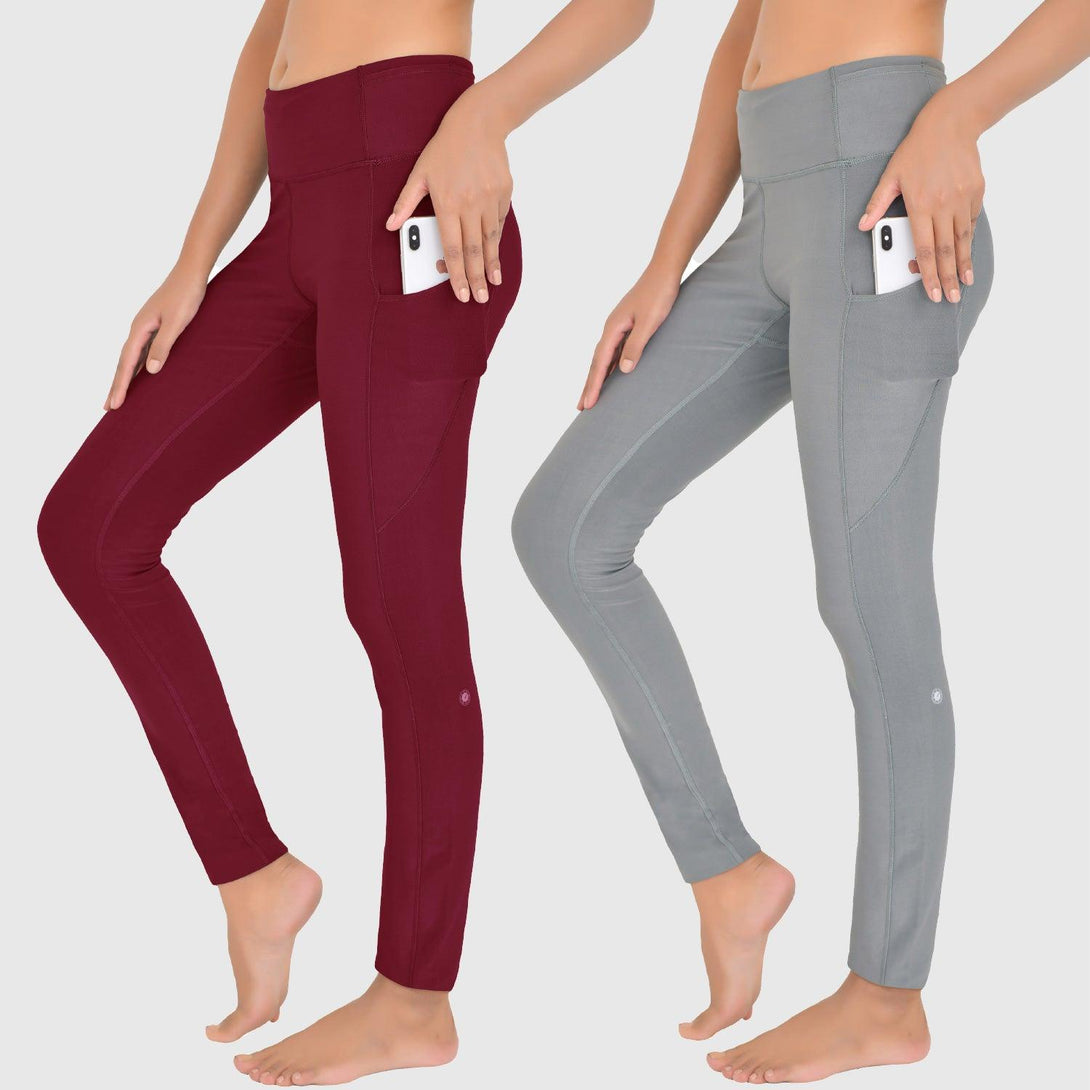 High Waisted Leggings | CHERRY PURPLE - SLATE GREY - Pack of 2 - FTS