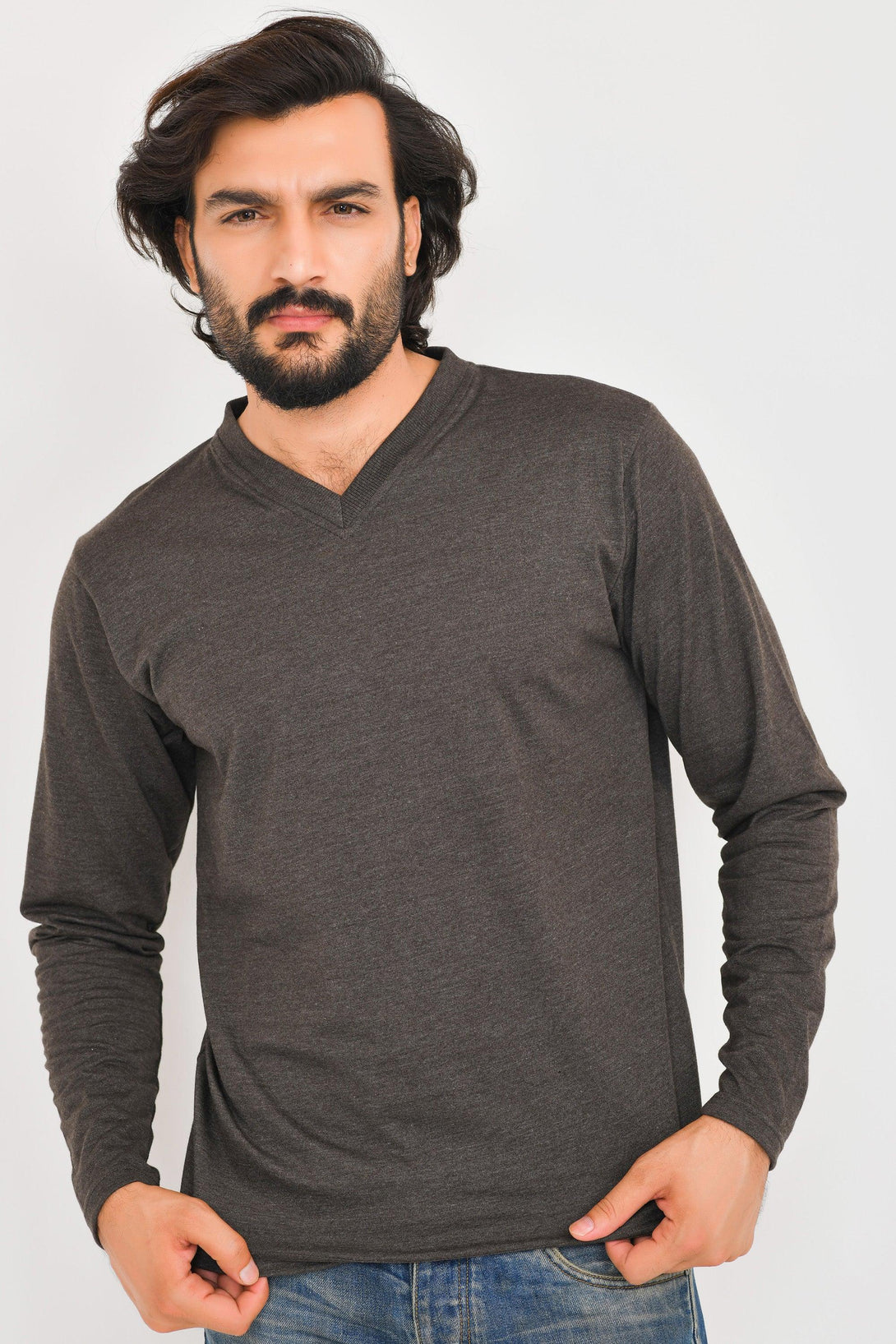 V-Neck Long Sleeve T-Shirts GREY - CHARCOAL - CHOCOLATE - MUSTARD - Pack of 4 - FTS