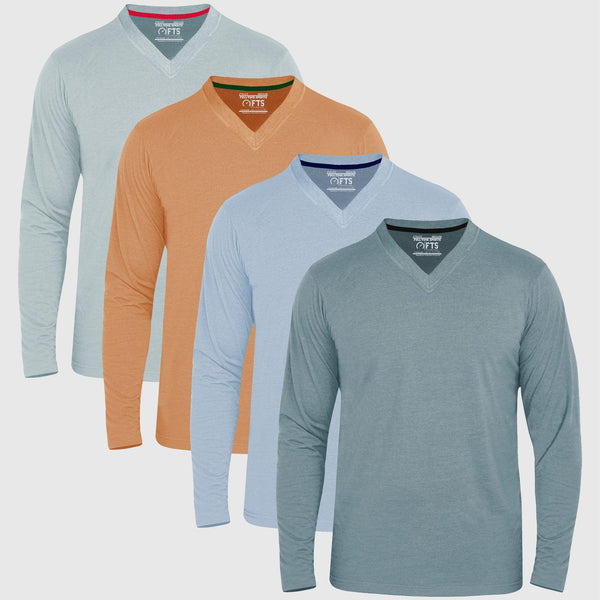 V-Neck Long Sleeve T-Shirts | SLATE - AQUA - LAGOON - TAN - Pack of 4 - FTS