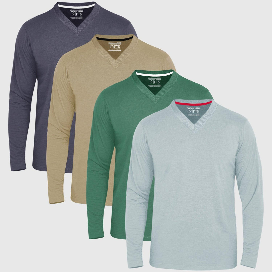 V-Neck Long Sleeve T-Shirts | LAGOON-STONE-HUNTER GREEN-NAVY MELANGE - Pack of 4 - FTS
