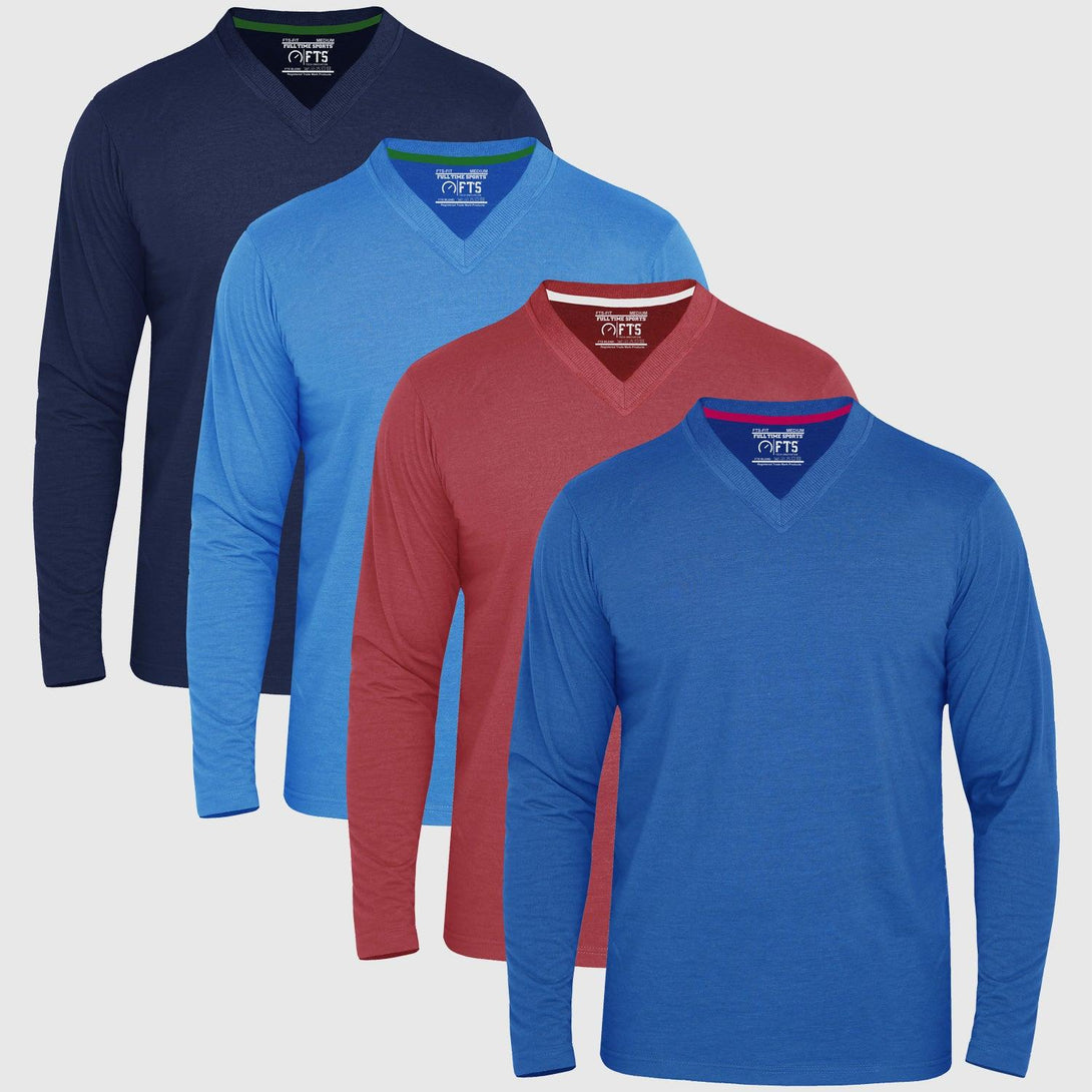 V-Neck Long Sleeve T-Shirts | BLUE - WINE - NAVY - Pack of 4 - FTS