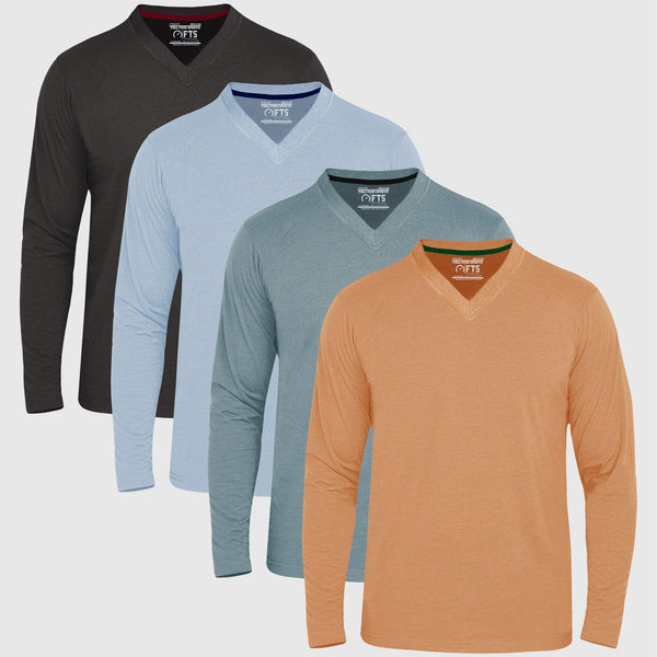 V-Neck Long Sleeve T-Shirts | TAN - SLATE - AQUA - CHARCOAL - Pack of 4 - FTS