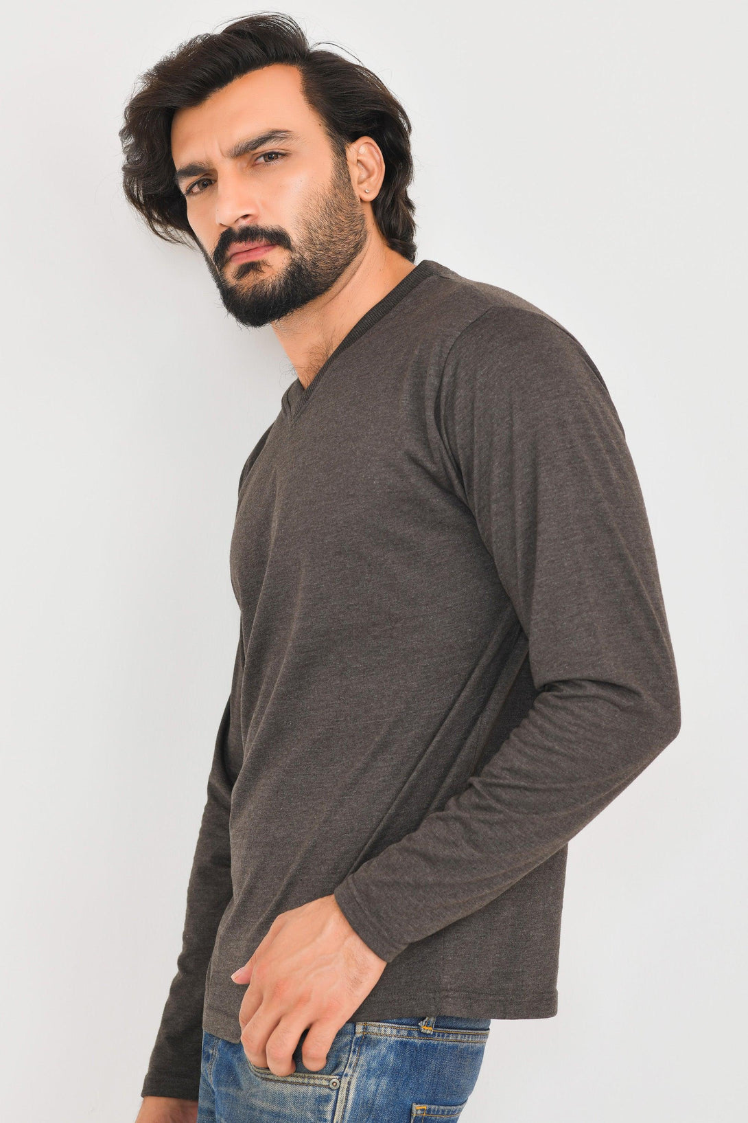 V-Neck Long Sleeve T-Shirts | NAVY - WHITE - CHARCOAL - BLACK - Pack of 4 - FTS