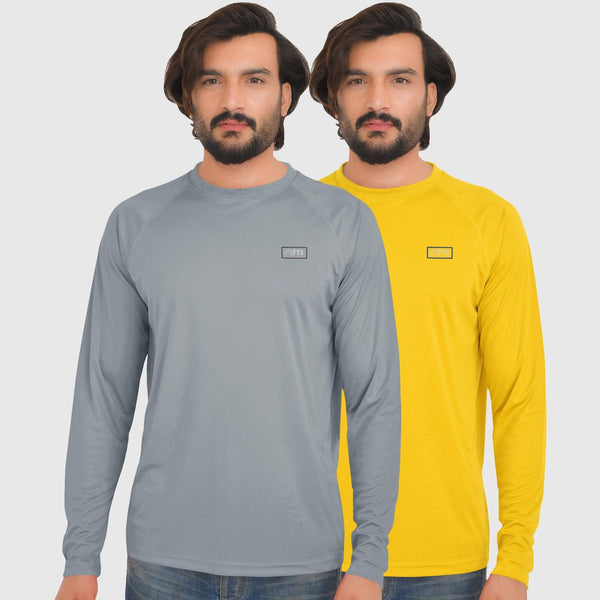 Polyester Full sleeve T-Shirts | YELLOW - LIGHT GREY - Pack of 2 - FTS